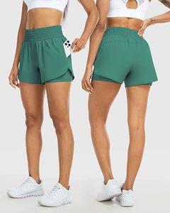 Shorts Deportivos de Cintura Alta para Mujer, Color Verde Sólido, Cintura Elástica, Secado Rápido, Tejido de Punto, con Bolsillos, Corte Regular - Product Image 4