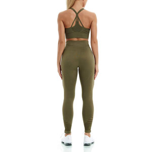 Women Yoga Set 2 Piece Olive Green <b>Crop</b> Top High Waist <b>Leggings</b> Seamless Full Length Activewear - Product Image 3