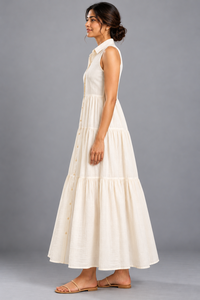 Robe chemise maxi à volants en coton cambriqué pour femme, 120 GSM, sans manches, boutonnée, robe d'été décontractée classique - Product Image 2