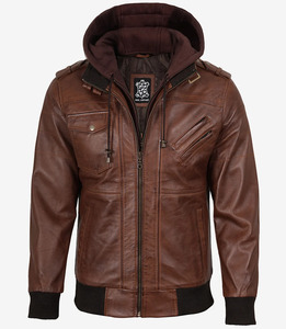 Veste bomber en cuir marron cognac sur mesure pour homme |   Capuche amovible |   Fabricant OEM - Product Image 3