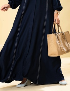Conjunto de Abaya Azul Marino de Tela Elegante para Mujeres Musulmanas, Poliéster, Largo, Abierto por Delante, Hasta el Suelo, Sencillo, Estilo Saudí, Cobertura Completa - Product Image 3