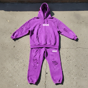 Custom High Quality Blank Distressed Hoodie and Jogger Short Set Designer Cotton Unisex Sweatsuit Casual Baggy <b>Tracksuit</b> for Men - Product Image 2