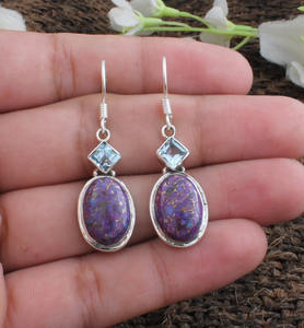 Boucles d'oreilles pendantes artisanales en cuivre violet et turquoise, en argent 925, bijoux spirituels, matrice de cuivre unique, cadeau pour elle - Product Image 2
