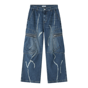 Jean cargo délavé et vieilli pour homme, coupe ample, taille haute, jambe large, en denim avec poches zippées - Product Image 1