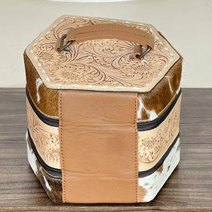 Boîte de rangement en cuir de vachette durable de style vintage pour bijoux féminins, à double compartiment et fermeture éclair, faite à la main, prix de gros - Product Image 4
