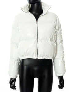 <b>White</b> PU <b>Puffer</b> <b>Jacket</b> Women's Winter Warm Short Coat Casual Stand Collar Zipper Front Thick Polyester Wadding Coated Style - Product Image 5