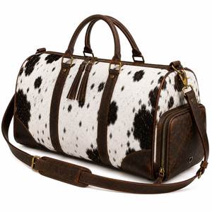 Bolso ovalado de piel de vaca, color marrón y blanco, para hombre, con correa para el hombro, cierre de cremallera, múltiples compartimentos, capacidad de 20-36L - Product Image 4