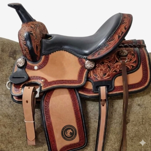 Selle de barrel racing western en cuir, faite à la main, équipement d'équitation de créateur, durable, confortable, produit très vendu - Product Image 3