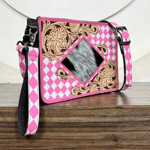 Sac bandoulière mini en cuir véritable matelassé tendance 2026, motif à carreaux rose et blanc, en cuir de vachette, pour femme - Product Image 4