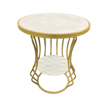 STYLE OVERSEAS Table d'appoint moderne de luxe durable avec plateau rond en marbre et structure en métal doré, avec étagère inférieure pour salon