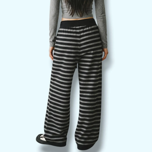 Pantalon ample en tricot rayé pour femme, taille élastique, longueur complète, coton et élasthanne, extensible, décontracté, toutes saisons - Product Image 2