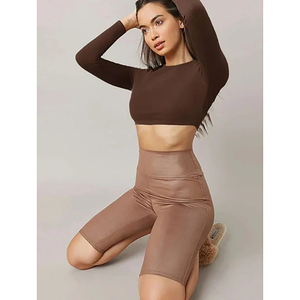 Haut court marron à manches longues pour femme, col rond, couleur unie, coupe minimaliste, tricoté en Spandex et Nylon, séchage rapide, toutes saisons - Product Image 3