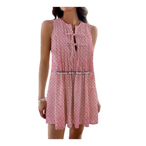 Prix abordables, vêtements de plage pour femmes, mode bohème, robe courte sans manches, haut à imprimé en bloc, mode gitane, haut à imprimé à la main - Product Image 5