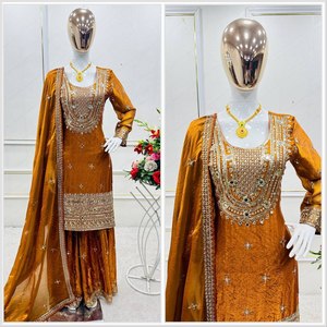 Fendy Silk Sharara Fully Stitched Sharara Set With Sequence Embroidered & Real Mirror Hand Work <b>Kurti</b> With Sharara And Dupatta - Product Image 3