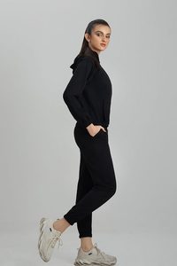 100% Cotton Custom Women Black Hoodie Jogger <b>Set</b> Casual Fleece Two Piece Sweatsuit OEM Supplier Manufacture - Product Image 4