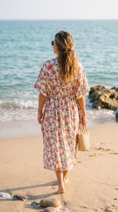 Boho Yellow Floral Handprint Kaftan Dress With <b>Tie</b> <b>Back</b> Loose Fit Short Sleeve Cotton Beach Cover-Up - Product Image 4