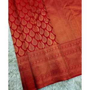ATTRACTIVE BANARASI SOFT ZARI WORK SAREE WITH UNSTITCHED <b>BLOUSE</b> <b>RED</b> - Product Image 1