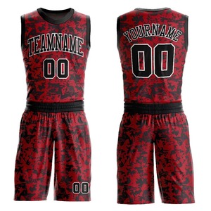 Conjunto de Uniforme de Baloncesto Personalizado Unisex, Rojo, Negro, Camuflaje, Cuello en V, Sin Mangas, Malla Transpirable, Nombre del Equipo 00 100% - Product Image 2