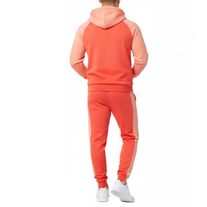 Chándal Deportivo para Hombre en Dos Tonos Coral y Melocotón OEM |   Sudadera con capucha raglán y pantalones a juego con paneles laterales color melocotón - Product Image 2