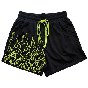 Shorts de boxe rétro amples brodés pour équipe, imprimé flamme blanche, pour entraînement d'arts martiaux avec cordon de serrage néon - Product Image 3