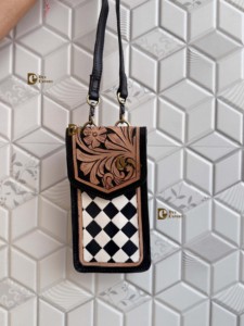 New Arrival Phone Purse Handbag Hand <b>Tooled</b> Carving <b>Leather</b> Bag Big Size Bag Checkers Pattern <b>Pouch</b> Unique Designer Sling Bag - Product Image 1
