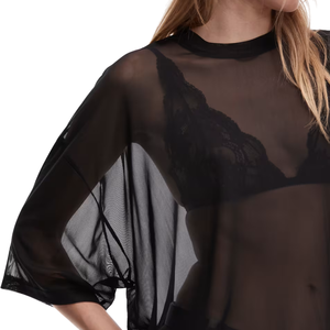 Blusa transparente de manga ancha para mujer, cuello redondo, ajuste holgado, top transparente con dobladillo curvo, camisa lisa para superpuesta, ropa con etiqueta personalizada - Product Image 6
