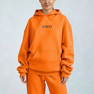 Wholesale Womens Ribbed Cuff Cotton Fleece <b>Hoodie</b> Boxy Fit Drop Shoulder with custom labels for US brands - Product Image 2