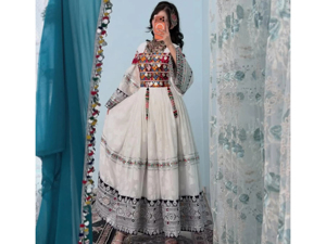 Classic <b>White</b> Afghan Kuchi Dress Multi Color <b>Mirror</b> Work Chest Piece Intricate Silver Border Embroidery Traditional OEM - Product Image 3