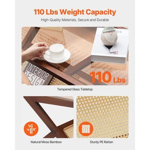 Tavolino da Caffè Moderno Boho 47 Pollici a Forma di Z in Rattan Intrecciato con Piano in Vetro Temperato e Vano Portaoggetti - Tavolino da Caffè Moderno Boho con Vano Portaoggetti - Product Image 3