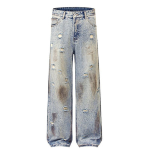 Custom Unisex Acid Wash Distressed Jeans Vintage Mud Dye Denim Cotton/Polyester Baggy Wide Leg Streetwear Cargo Denim Trousers - Product Image 1