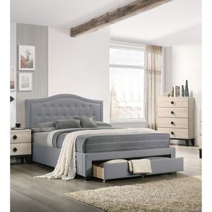 Testiera letto matrimoniale imbottita in tessuto di tela grigio chiaro con bottoni e design ad arco, con contenitore, per camera da letto, in stile FB - Product Image 2