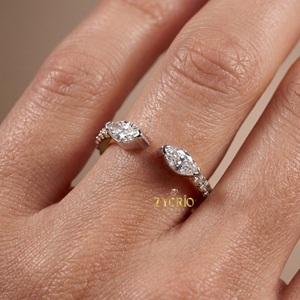 Anillo de compromiso y boda de lujo de plata 925 con diamante marquise cultivado en laboratorio, diseño de doble piedra entrelazada, anillo apilable con espacio entre las piedras, Zyorio Jewels - Product Image 5