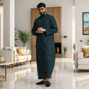 <b>Men</b> Black Polyester <b>Thobe</b> Long Sleeve Ankle Length Sweetheart Neckline Embroidered Breathable Casual Daily Wear Wedding Ramadan - Product Image 1
