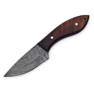 Cuchillo de caza de acero de Damasco de grado industrial, hoja fija tipo Skinner con punta de gota y filo serrado, 4.5mm de grosor, espiga completa, mango de madera y cuero - Product Image 1