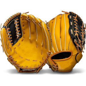 Gant de baseball à doigts entiers, jaune et noir, en cuir, avec structure en H, pour droitier, fermeture auto-agrippante, antidérapant, pour adulte, pour l'extérieur, toutes saisons - Product Image 2