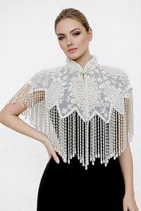 Luxury Velvet Embroidered Short Shoulder <b>Cape</b> with Sequins Bead Fringe Single Button Closure for Bridal Evening Wear Costume - Product Image 4