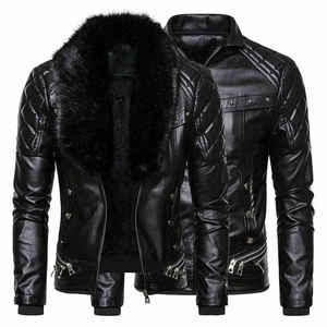Veste de moto en cuir PU pour homme avec col en fourrure, fermeture éclair, manteau d'hiver chaud pour motard, coupe ajustée, couleur unie - Product Image 1
