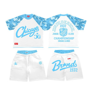 Premium 260 GSM Cotton French Terry T Shirt Shorts <b>Set</b> <b>White</b> Red Camo Raglan Panel Screen Print Custom Logo <b>2</b> <b>Pieces</b> <b>Sets</b> - Product Image 5