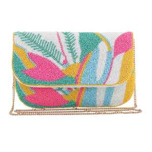 Pochette florale perlée faite à la main, forme rectangulaire, broderie en coton, sac à main artisanal pour soirée - Product Image 1