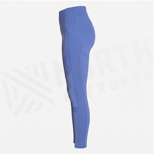 Leggings de yoga côtelés taille haute longueur intégrale bleu uni sans couture extensibles dans les quatre sens en Spandex et Nylon pour femme - Product Image 3