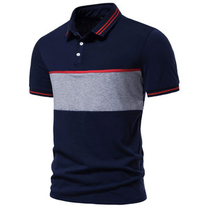Polo à manches courtes pour homme, bleu foncé, avec blocs de couleur gris et bordure rouge, coupe classique, tricoté, 100 % coton, nouvelle collection, vente flash - Product Image 3