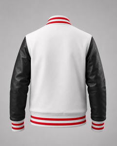 <b>Men</b> <b>White</b> Varsity <b>Jacket</b> With Black PU Leather Sleeves Embroidered Logo Front Button Closure Casual Autumn Wear Varsity <b>jacket</b> - Product Image 4