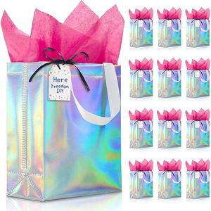 Keerxun Set di 12 Sacchetti Regalo Riutilizzabili con Glitter Arcobaleno e Manici, Include Carta Velina Rosa e Nastro - per Regali - Product Image 1