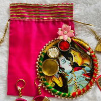 Coffret Combo Diwali et Nouvel An : Potli, Shubh Labh, Bougies Chauffe-Plat, Plateau Kumkum, Bâtonnets Tilak, Panier Écologique Traditionnel pour l'inauguration de la maison