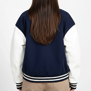 Unisex Varsity <b>Jacket</b> Navy <b>White</b> PU Sleeve Embroidered Logo Front Preppy Style Regular Fit Autumn Wear - Product Image 5