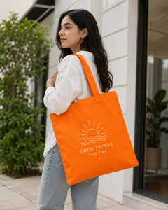 Bolso de mano de lona naranja con estampado de sol y olas, diseño minimalista para ir de compras en todas las estaciones - Product Image 4
