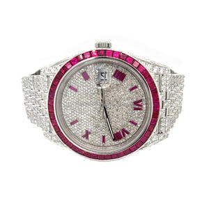 Cao Cấp Bezel Đá Bạc Màu Hồng Quay Số Moissanite Kim Cương Cổ Tay Xem Ngày Tính Năng Sang Trọng Cơ Khí Phong Trào Glass Ấn Độ Nhà Cung Cấp - Product Image 1