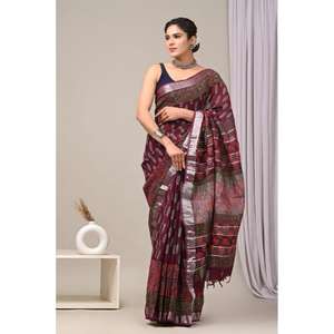 Elegante Saree de Lino Estampado de Diseñador con Blusa de Lino, Saree Ligero Ideal para el Verano a Precio de Mayoreo - Product Image 4