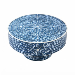 Mesa de Centro Redonda de Resina con Incrustaciones de Hueso Azul, Hecha a Mano, Venta al Por Mayor, Artesanía India de Lujo para Sala de Estar - Product Image 1