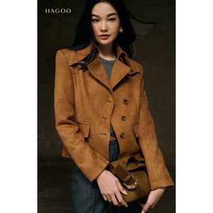 Women's Brown Suede Like Coated Jacket Double Breasted Short Coat Peak Lapel Winter Outerwear [B8079] - Product Image 1